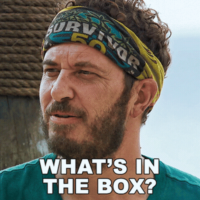 Bearded Man With Survivor Headband Says What's In The Box GIF