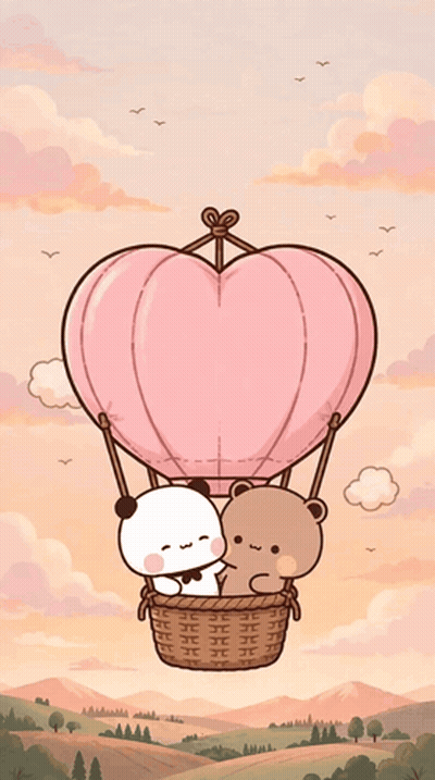 Bears Flying In Heart Hot Air Balloon GIF