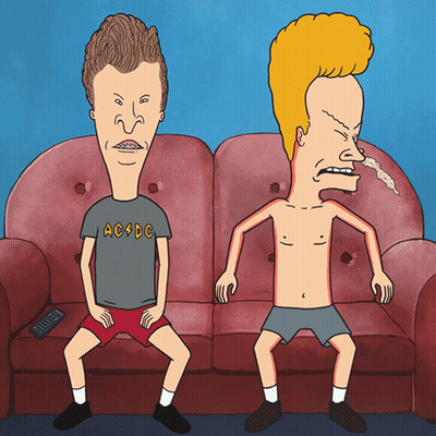 Beavis And Butthead Sitting On Couch With AC DC Shirt GIF