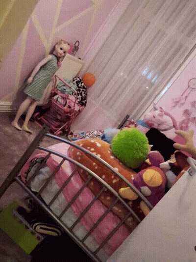Bedroom With Bed And Stuffed Animals And Barbie Doll GIF