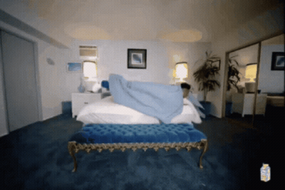 Bedroom With Blue Bench And Sprite Bottle GIF