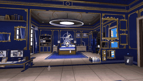 Bedroom With Blue Walls And Gold Trim Circular Light GIF