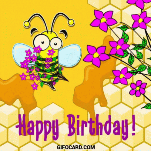 Bee Holding Flowers Happy Birthday Card GIF