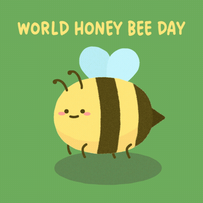 Bee On Green Background Saying World Honey Bee Day GIF