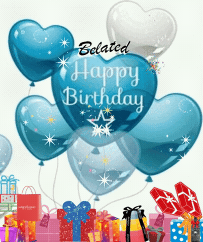 Belated Happy Birthday Card Blue Balloons Presents
