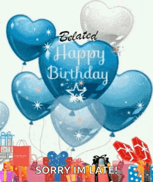 Belated Happy Birthday Greeting Card With Balloons And Presents GIF