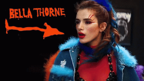 Bella Thorne Is Shown With An Orange Arrow Pointing To Her GIF