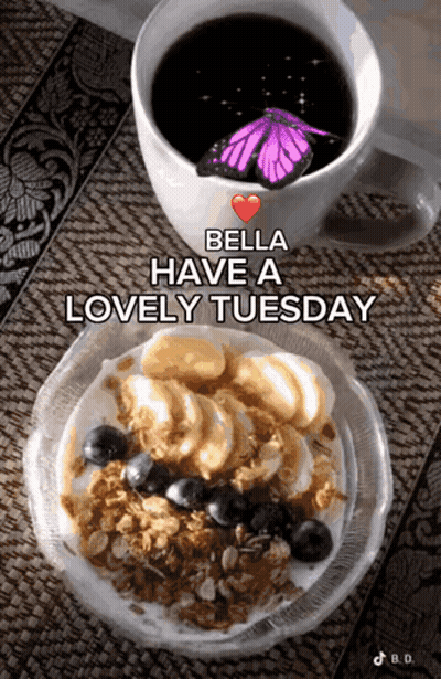 Bella With Coffee And Bowl Of Food GIF