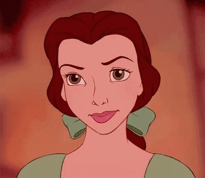 Belle From Beauty And The Beast Is Wearing A Green Dress And Earrings And Has A Bow In Her Hair . GIF