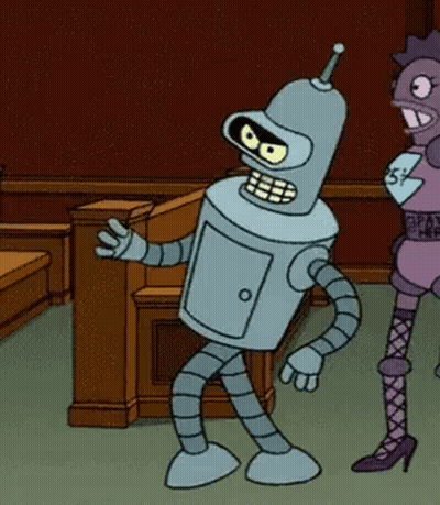 Bender From Futurama Is Dancing In A Courtroom Next To A Woman GIF