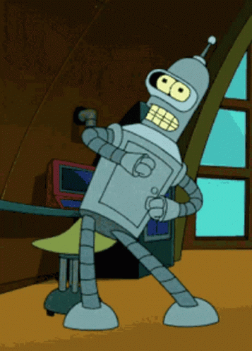 Bender From Futurama Is Dancing In A Room With An Arcade Machine In The Background GIF