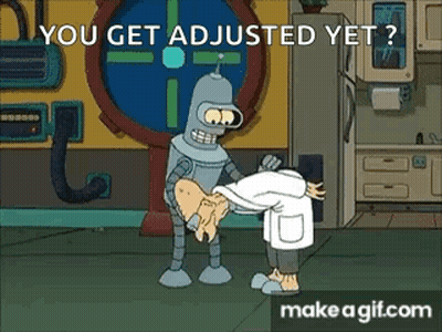 Bender From Futurama Is Holding A Man In A Lab Coat And Asking If He Is Adjusted Yet . GIF