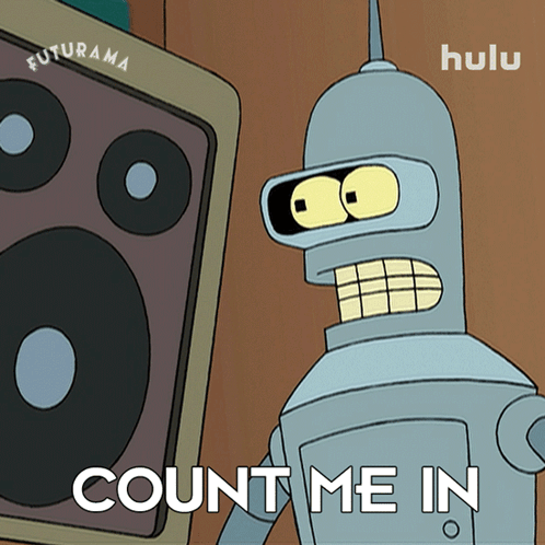 Bender From Futurama Is Standing In Front Of A Speaker That Says Count Me In GIF
