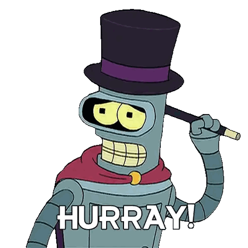 Bender From Futurama Is Wearing A Top Hat And Holding A Wand And Says Hurray ! Sticker
