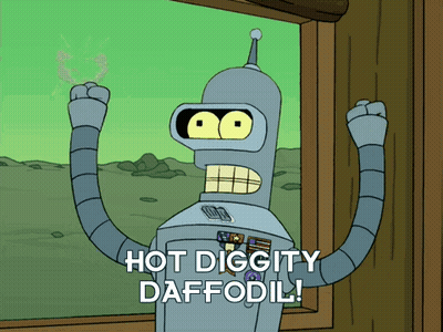 Bender From Futurama Says " Hot Diggity Daffodil " In Front Of A Window GIF