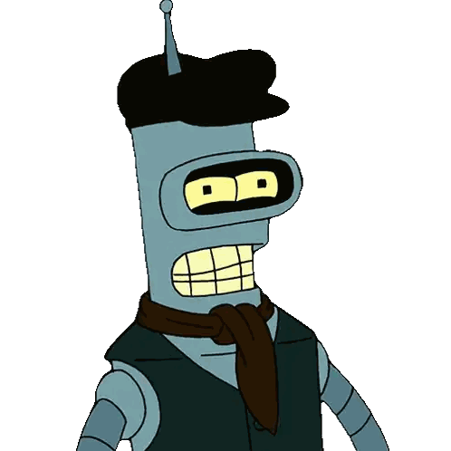 Bender From Futurama Wearing A Black Hat And A Brown Scarf Sticker