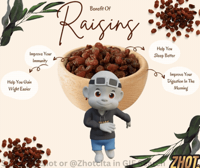 Benefit Of Raisins Cartoon Character Next To Bowl GIF
