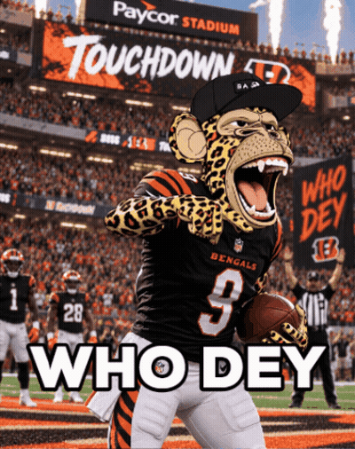 Bengals Mascot Holding Football With Touchdown Sign GIF