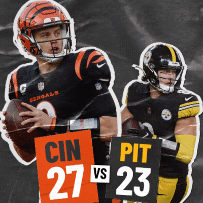 Bengals Player Holding Football Next To Steelers Player GIF