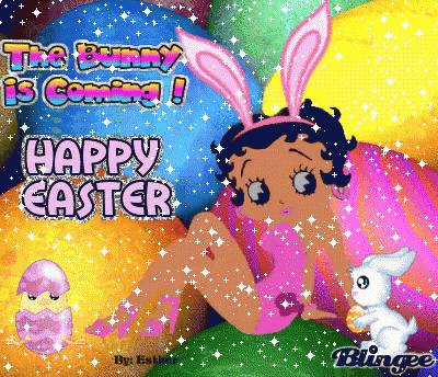 Betty Boop Easter Card With Bunny Ears And Eggs GIF