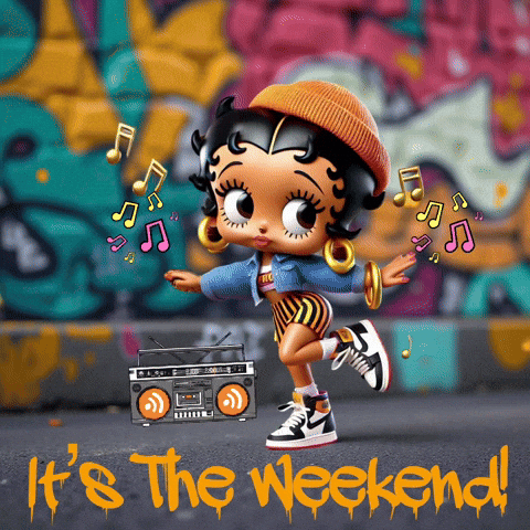 Betty Boop Is Dancing With A Boombox And The Words " It 'S The Weekend " Below Her GIF