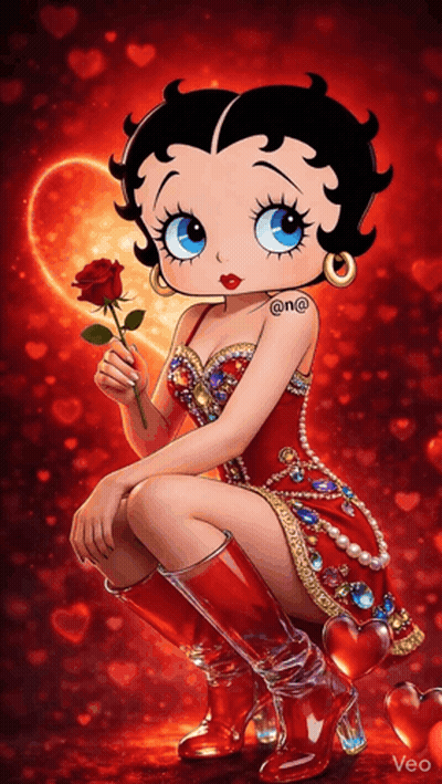 Betty Boop Is Holding A Red Rose In Her Hand GIF
