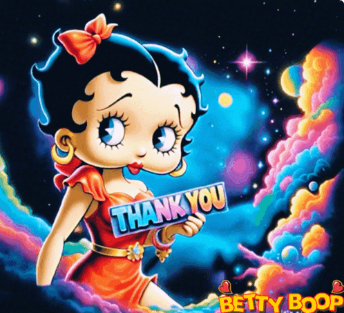 Betty Boop Is Holding A Thank You Sign In Her Hand GIF