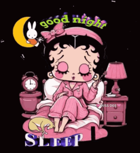 Betty Boop Is Sitting On A Bed With A Cat And A Clock And Says `` Good Night Sleep '' . GIF