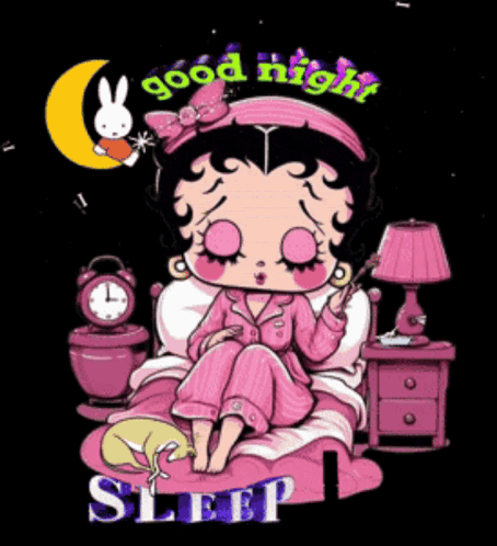 Betty Boop Is Sitting On A Bed With Her Eyes Closed And The Words Good Night Sleep Below Her GIF