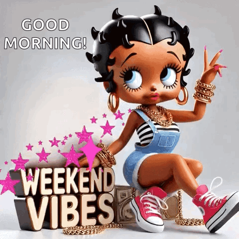 Betty Boop Is Sitting On A Box With The Words `` Good Morning ! Weekend Vibes '' . GIF