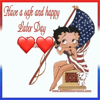 Betty Boop Is Sitting On A Statue Holding An American Flag And Hearts On Labor Day GIF