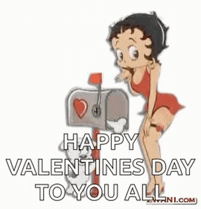 Betty Boop Is Standing Next To A Mailbox And Wishing Everyone A Happy Valentine 'S Day . GIF
