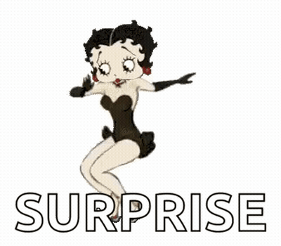 Betty Boop Is Wearing A Black Swimsuit And Gloves And Is Standing In Front Of A Surprise Sign . GIF