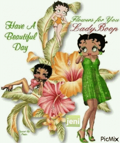 Betty Boop Is Wearing A Green Dress And Standing Next To A Bunch Of Flowers . GIF