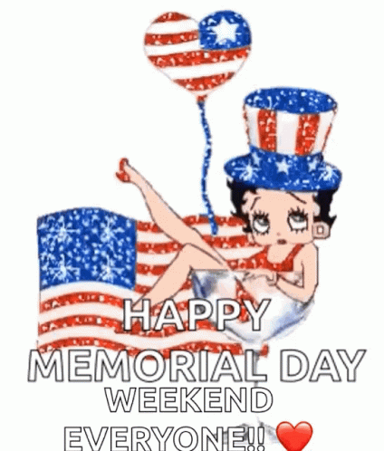 Betty Boop Laying On A Flag With A Balloon And The Words Happy Memorial Day Weekend Everyone GIF