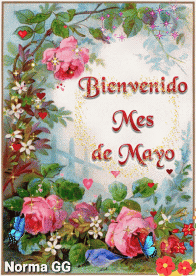 Bienvenido Mayo Greeting Card With Roses And Butterflies GIF