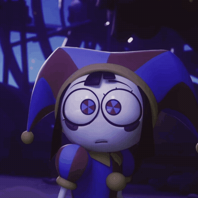 Big Eyed Cartoon Character Blue Red Jester Hat GIF