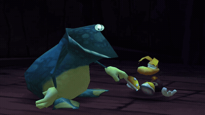 Big-Eyed Character With Frog Hat On Dark Floor GIF