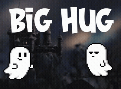 Big Hug Sign With Two Ghosts In Snowy Castle GIF