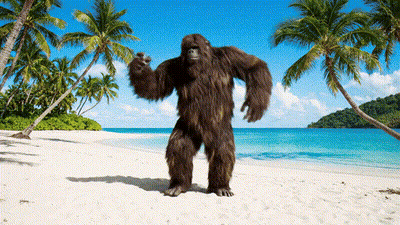 Bigfoot Standing On Beach With Palm Trees GIF