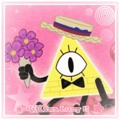 Bill Cipher Holding Purple Flowers And Hat GIF