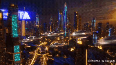 Billboard Saying Theta In Futuristic City GIF