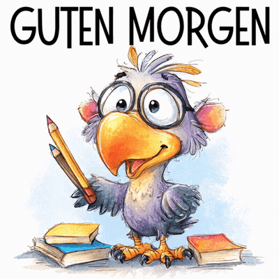 Bird Holding Pencil Saying Guten Morgen