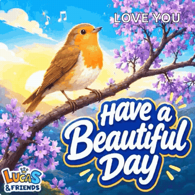 Bird On Branch With Purple Flowers Saying Have A Beautiful Day GIF