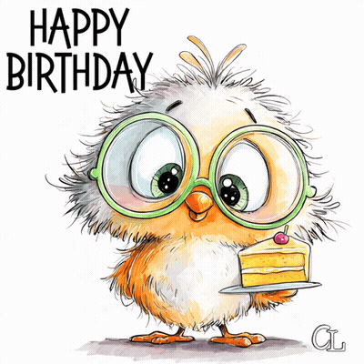 Bird Wearing Glasses Holding Cake GIF