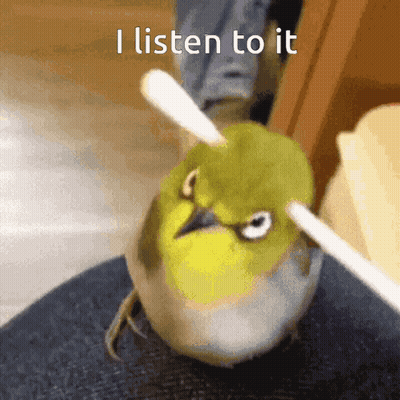 Bird With Stick On Head Saying I Listen To It GIF
