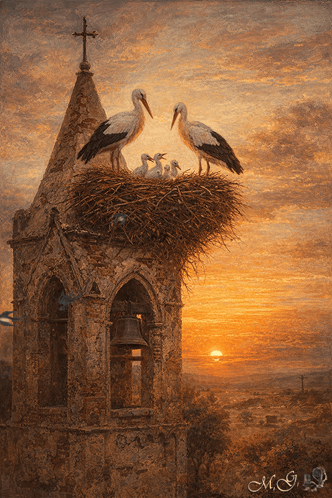 Birds In Nest On Bell Tower GIF