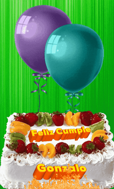 Birthday Cake For Gonzalo With Fruit And Balloons GIF