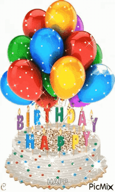 Birthday Cake With Balloons And Candles GIF