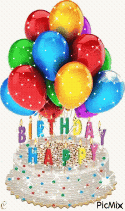 Birthday Cake With Balloons And Candles Saying Happy Birthday GIF